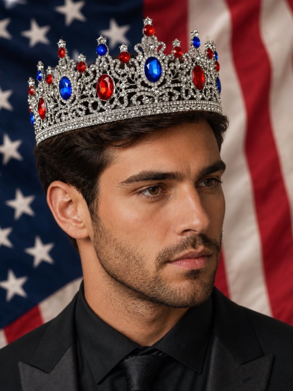 Men’s Patriotic Crown, Red Blue Rhinestone Silver Crown, USA July 4th Costume